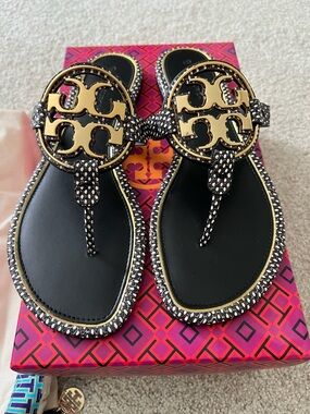 Tory Burch Black Thong Sandals with Gold Logo Spotted Snake